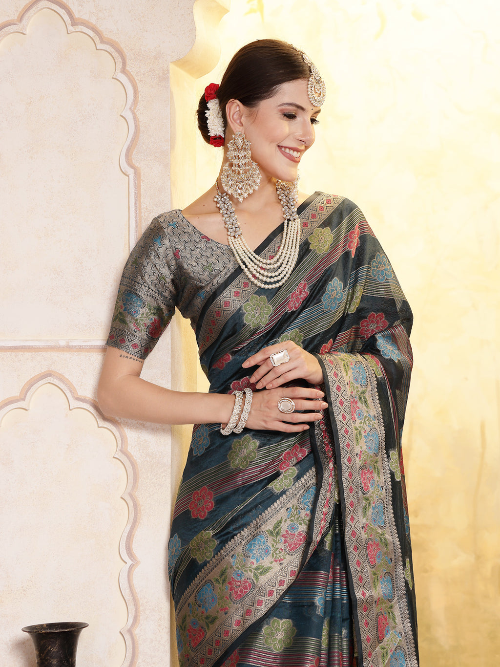 Women's Sea Green Ethnic Motifs Zari Border Organza Saree