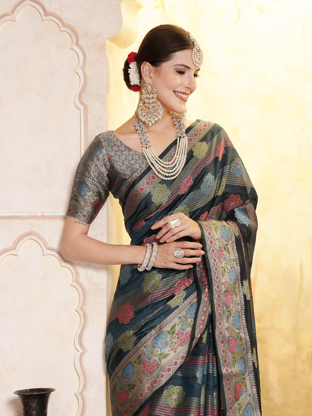 Women's Sea Green Ethnic Motifs Zari Border Organza Saree
