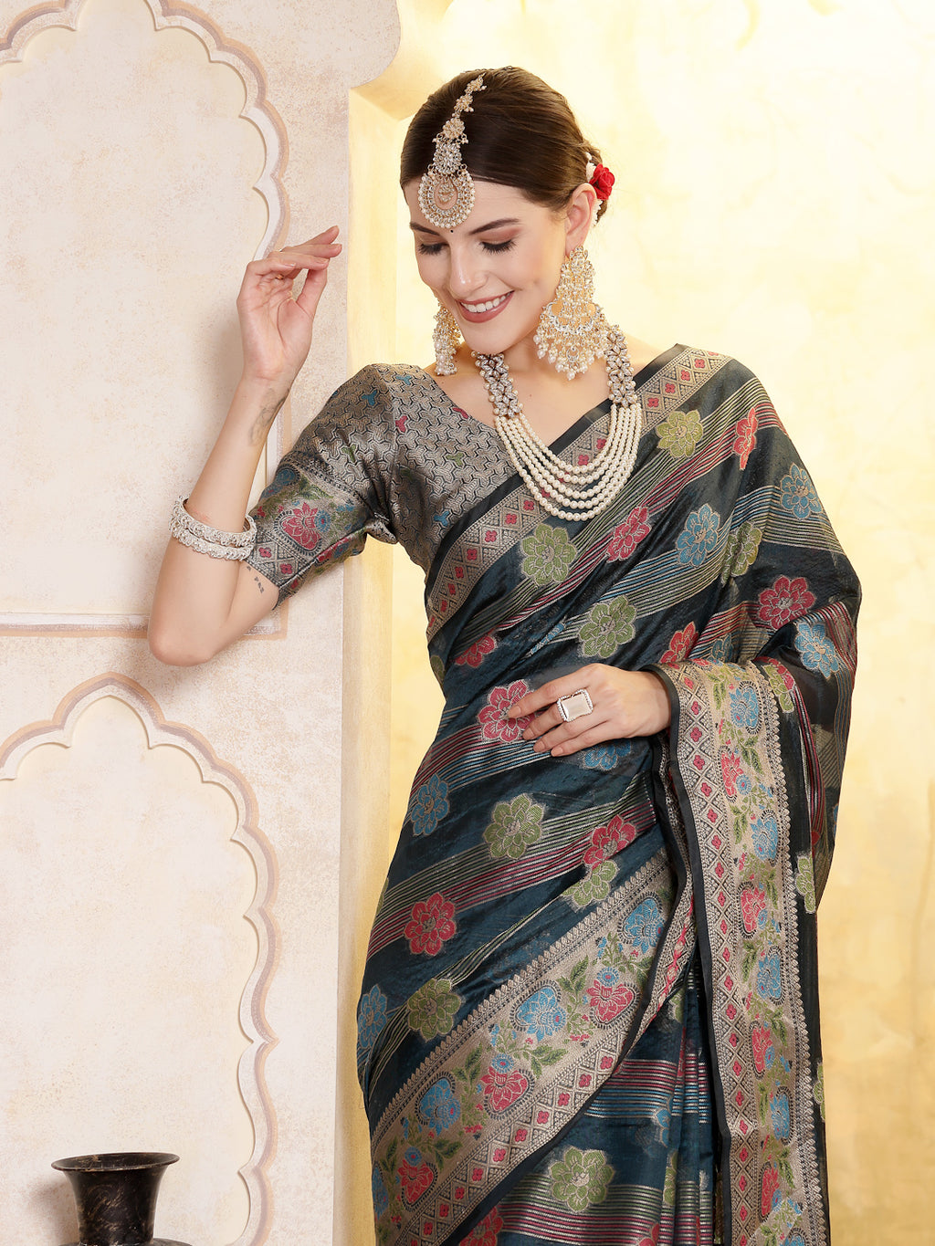 Women's Sea Green Ethnic Motifs Zari Border Organza Saree
