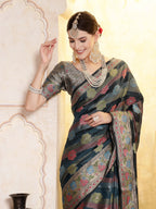 Women's Sea Green Ethnic Motifs Zari Border Organza Saree