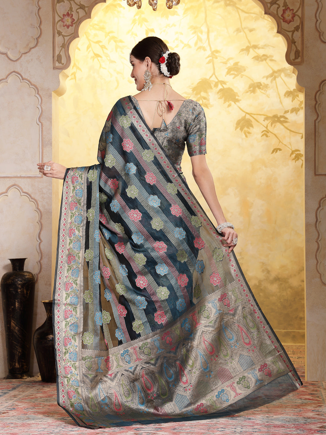 Women's Sea Green Ethnic Motifs Zari Border Organza Saree