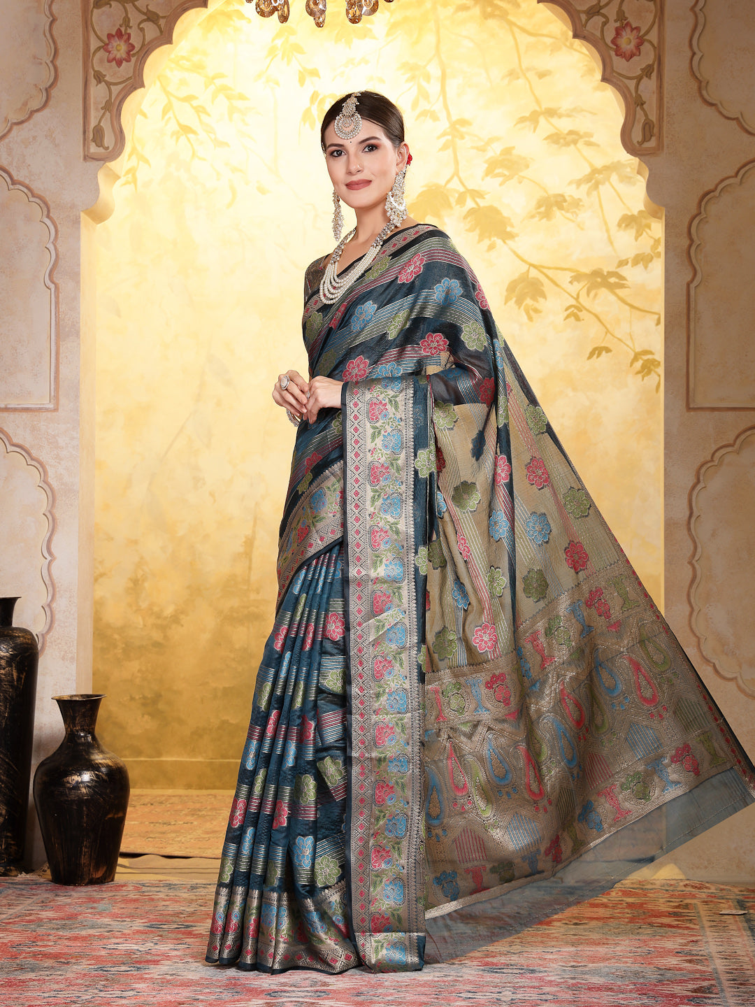 Women's Sea Green Ethnic Motifs Zari Border Organza Saree