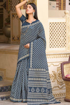 Women's Navy Blue Ethnic Motifs Printed Bhagalpuri Silk Saree