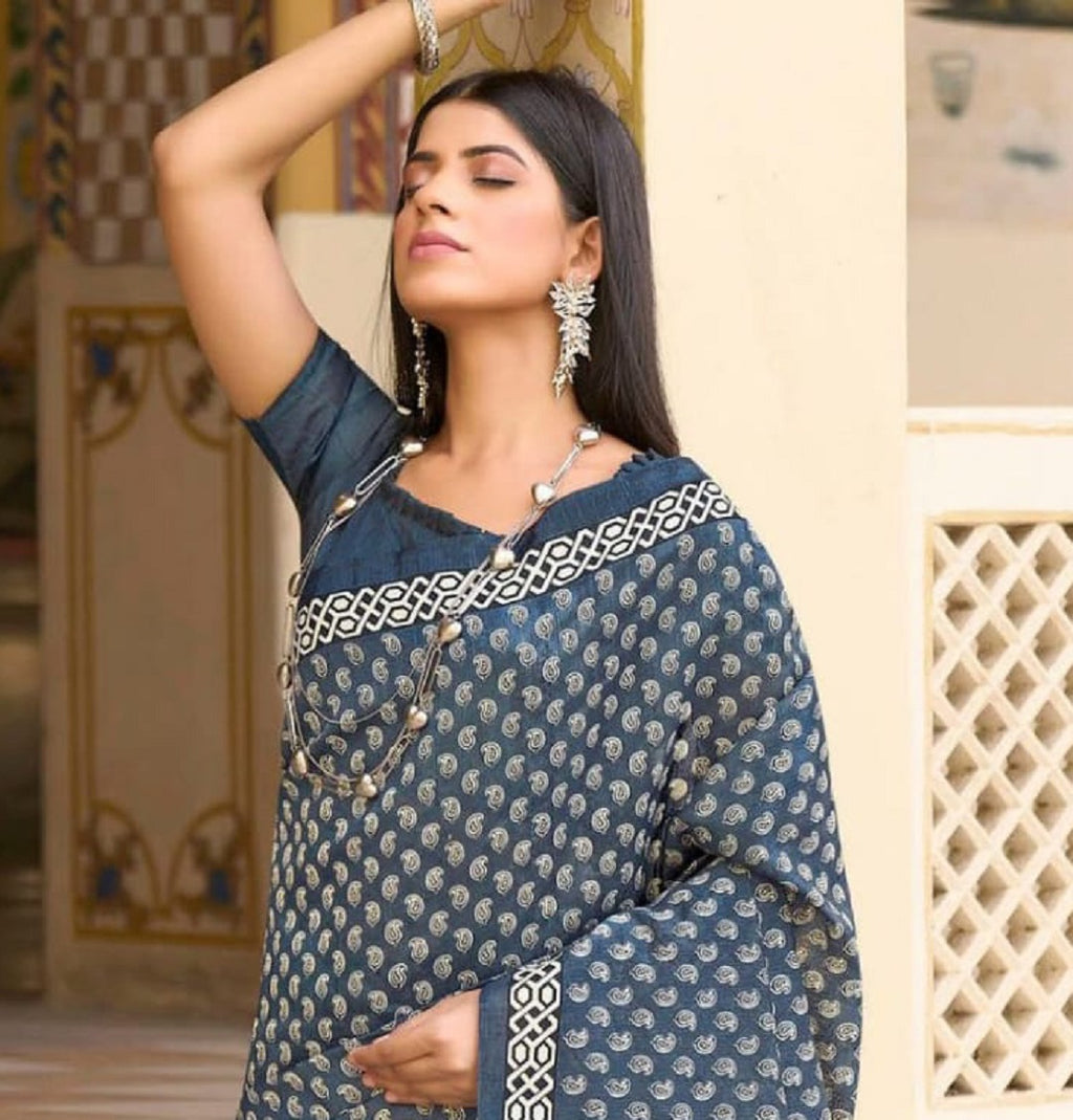 Women's Navy Blue Ethnic Motifs Printed Bhagalpuri Silk Saree