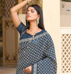 Women's Navy Blue Ethnic Motifs Printed Bhagalpuri Silk Saree