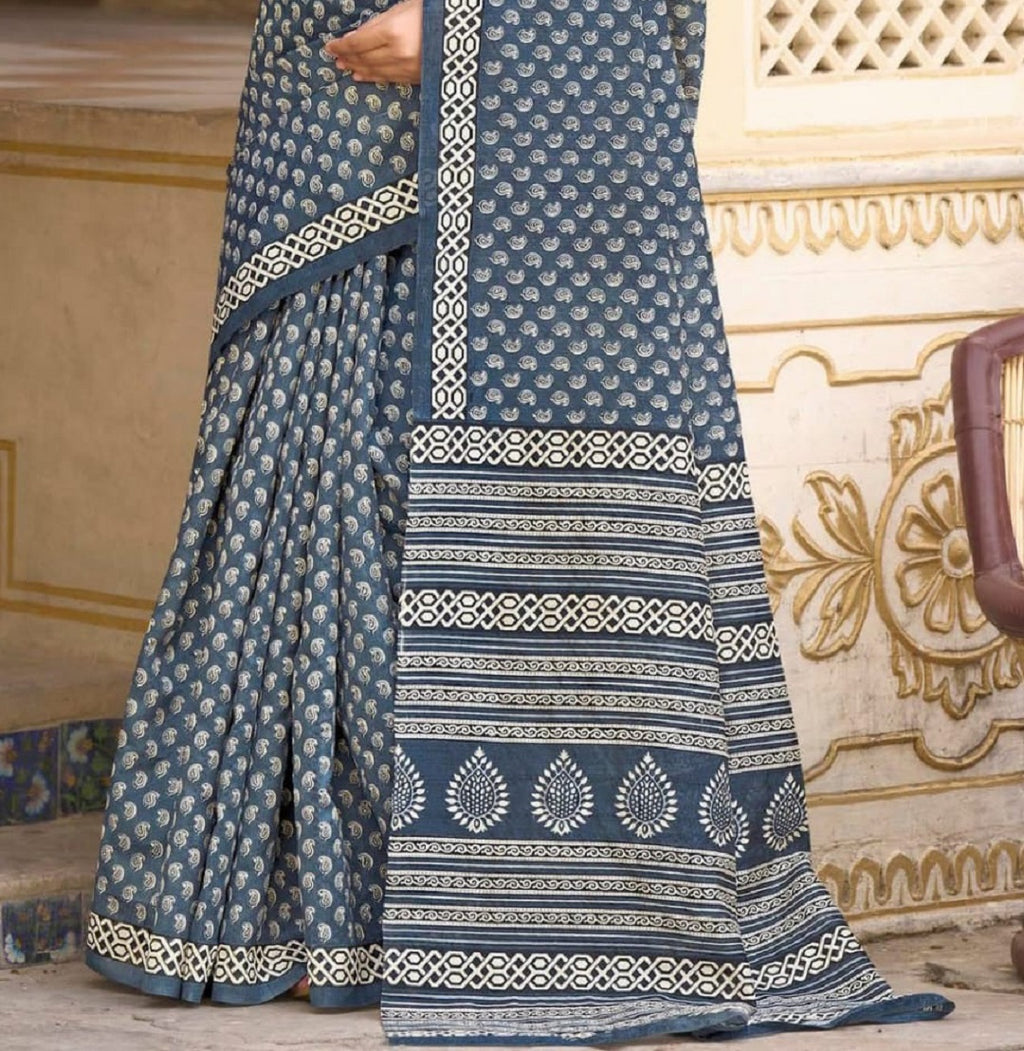 Women's Navy Blue Ethnic Motifs Printed Bhagalpuri Silk Saree