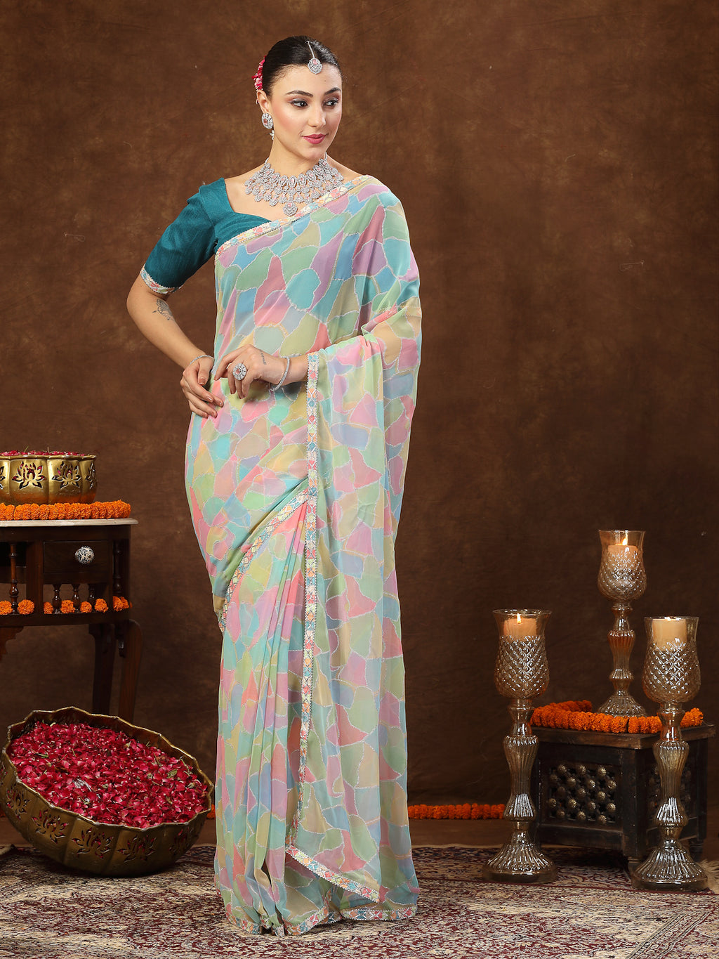 Women's Multi Colorblock Glitter Printed Georgette Saree