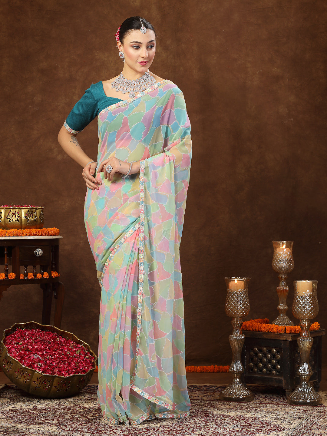 Women's Multi Colorblock Glitter Printed Georgette Saree