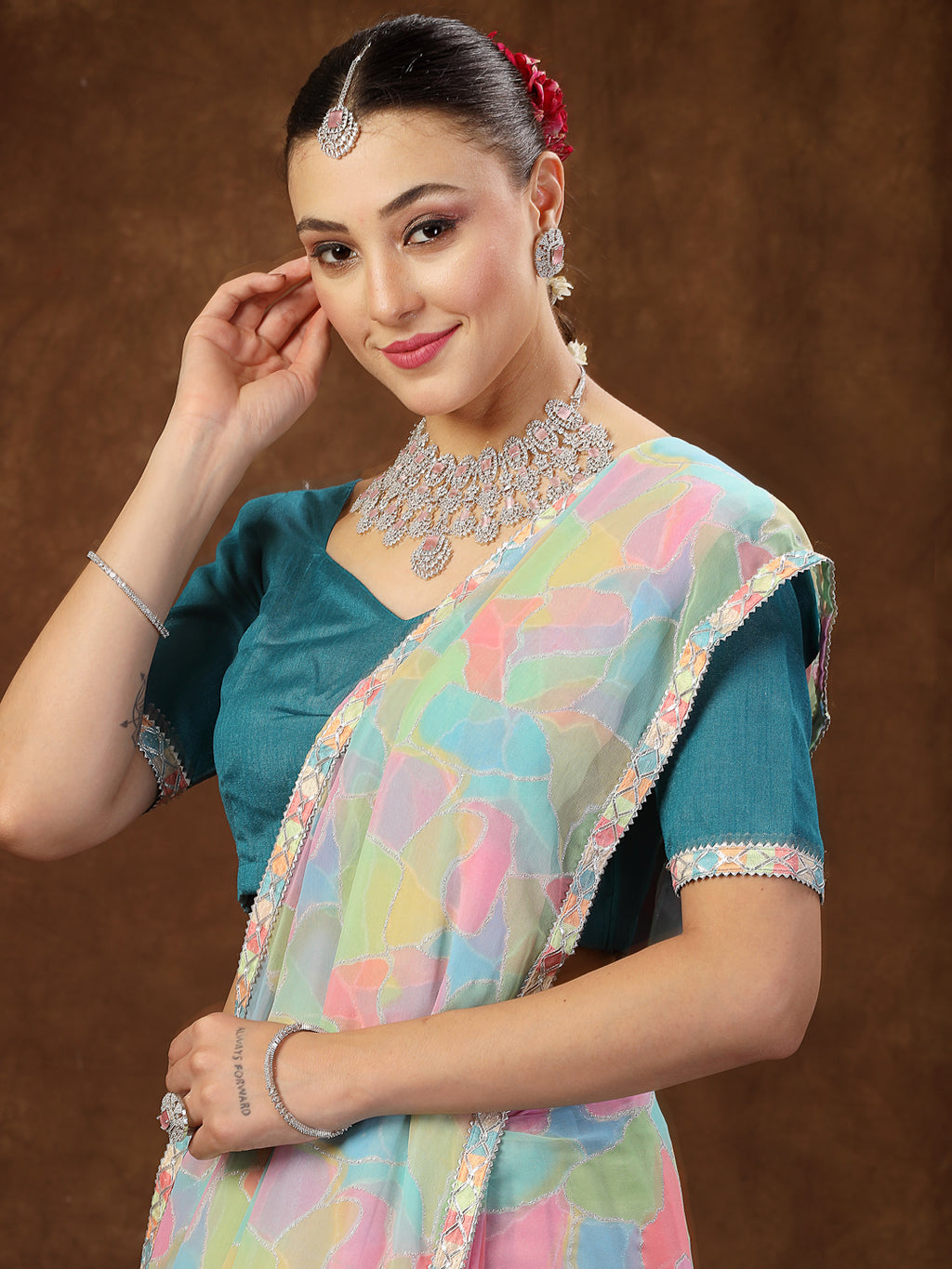 Women's Multi Colorblock Glitter Printed Georgette Saree