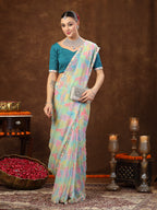 Women's Multi Colorblock Glitter Printed Georgette Saree