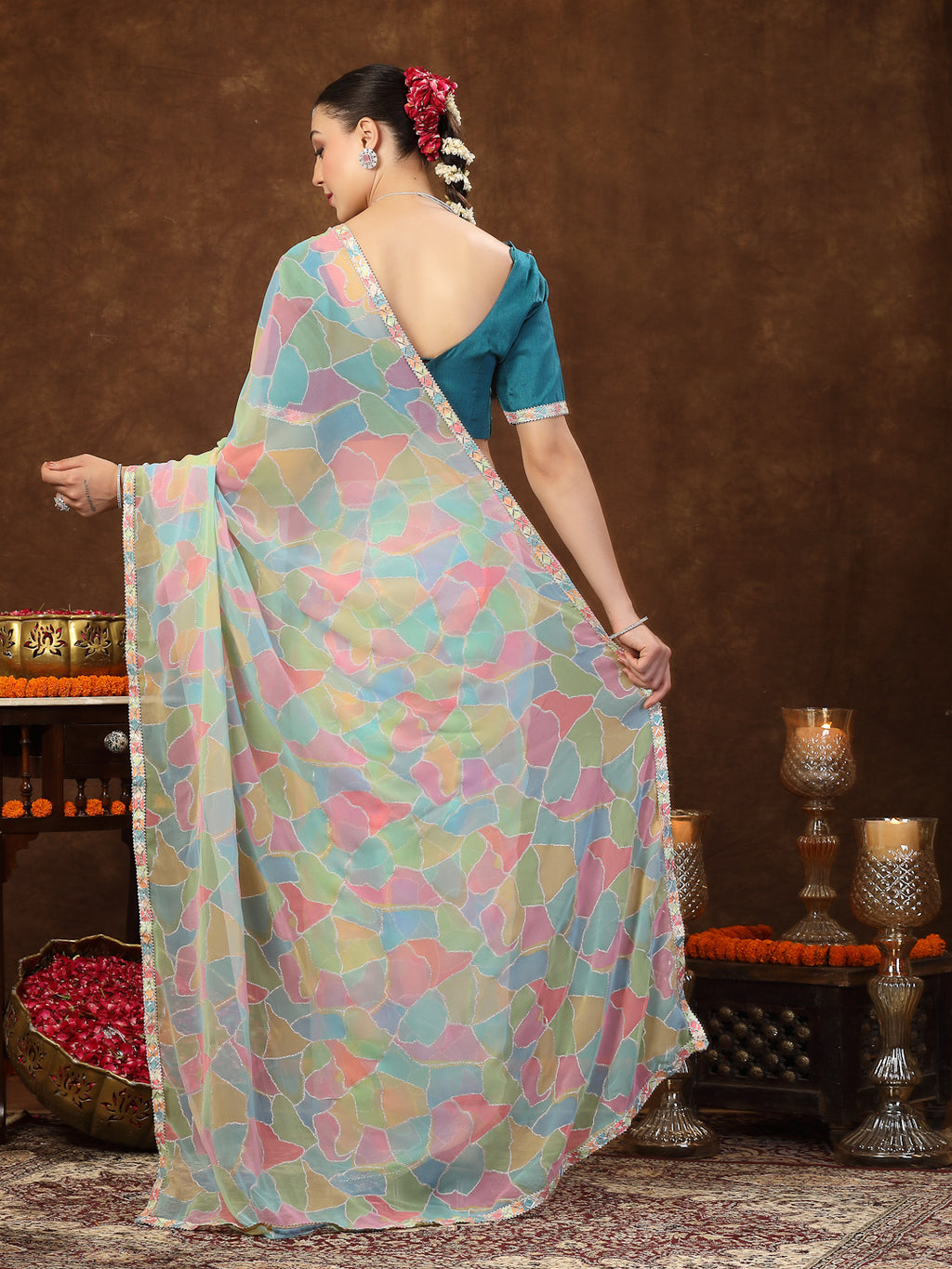 Women's Multi Colorblock Glitter Printed Georgette Saree