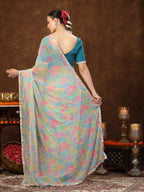 Women's Multi Colorblock Glitter Printed Georgette Saree