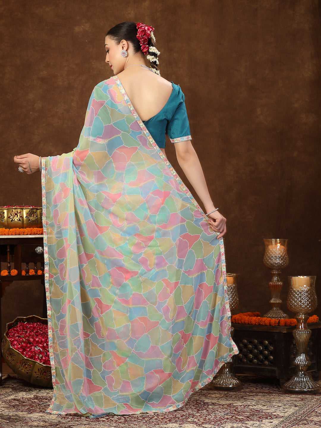 Women's Multi Colorblock Glitter Printed Georgette Saree