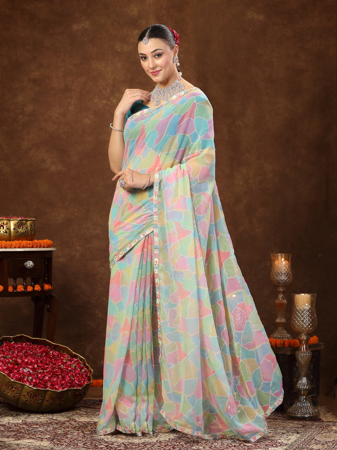 Women's Multi Colorblock Glitter Printed Georgette Saree