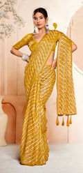 Women's Mustard Leheriya Printed Silk Blend Saree With Unstitched Blouse Piece