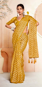 Women's Mustard Leheriya Printed Silk Blend Saree With Unstitched Blouse Piece
