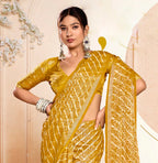 Women's Mustard Leheriya Printed Silk Blend Saree With Unstitched Blouse Piece