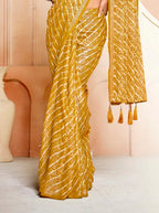 Women's Mustard Leheriya Printed Silk Blend Saree With Unstitched Blouse Piece