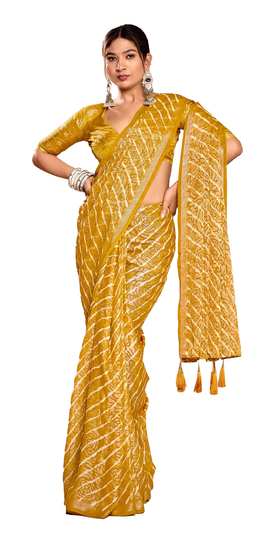 Women's Mustard Leheriya Printed Silk Blend Saree With Unstitched Blouse Piece