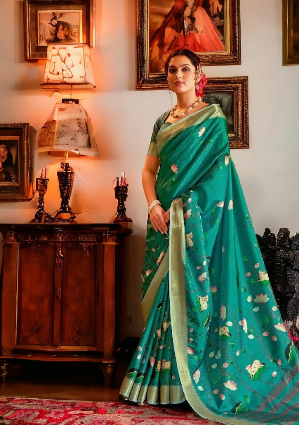 Women's Rama Traditional Floral Printed Manipuri Silk Saree