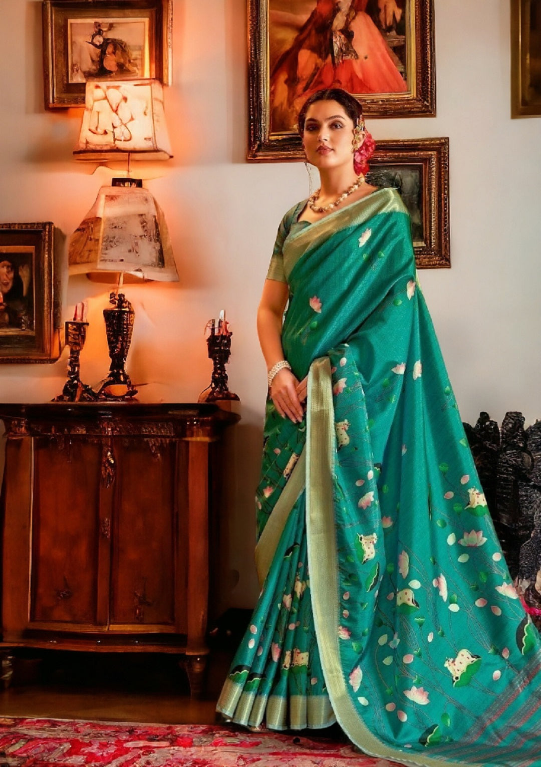 Women's Rama Traditional Floral Printed Manipuri Silk Saree
