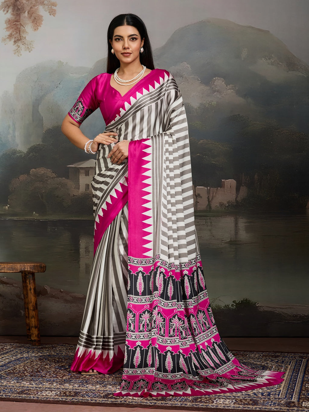 Women's Pink Ajrakh Printed Modal Satin Saree With Unstitched Blouse Piece
