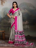 Women's Pink Ajrakh Printed Modal Satin Saree With Unstitched Blouse Piece