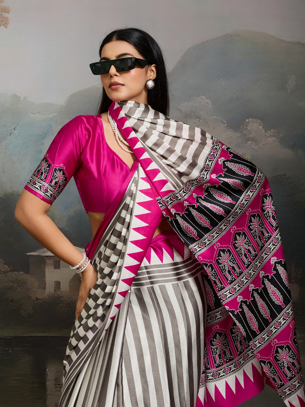 Women's Pink Ajrakh Printed Modal Satin Saree With Unstitched Blouse Piece