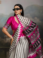 Women's Pink Ajrakh Printed Modal Satin Saree With Unstitched Blouse Piece
