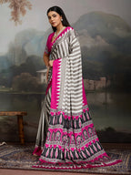 Women's Pink Ajrakh Printed Modal Satin Saree With Unstitched Blouse Piece