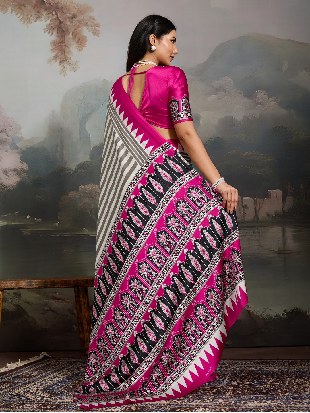 Women's Pink Ajrakh Printed Modal Satin Saree With Unstitched Blouse Piece