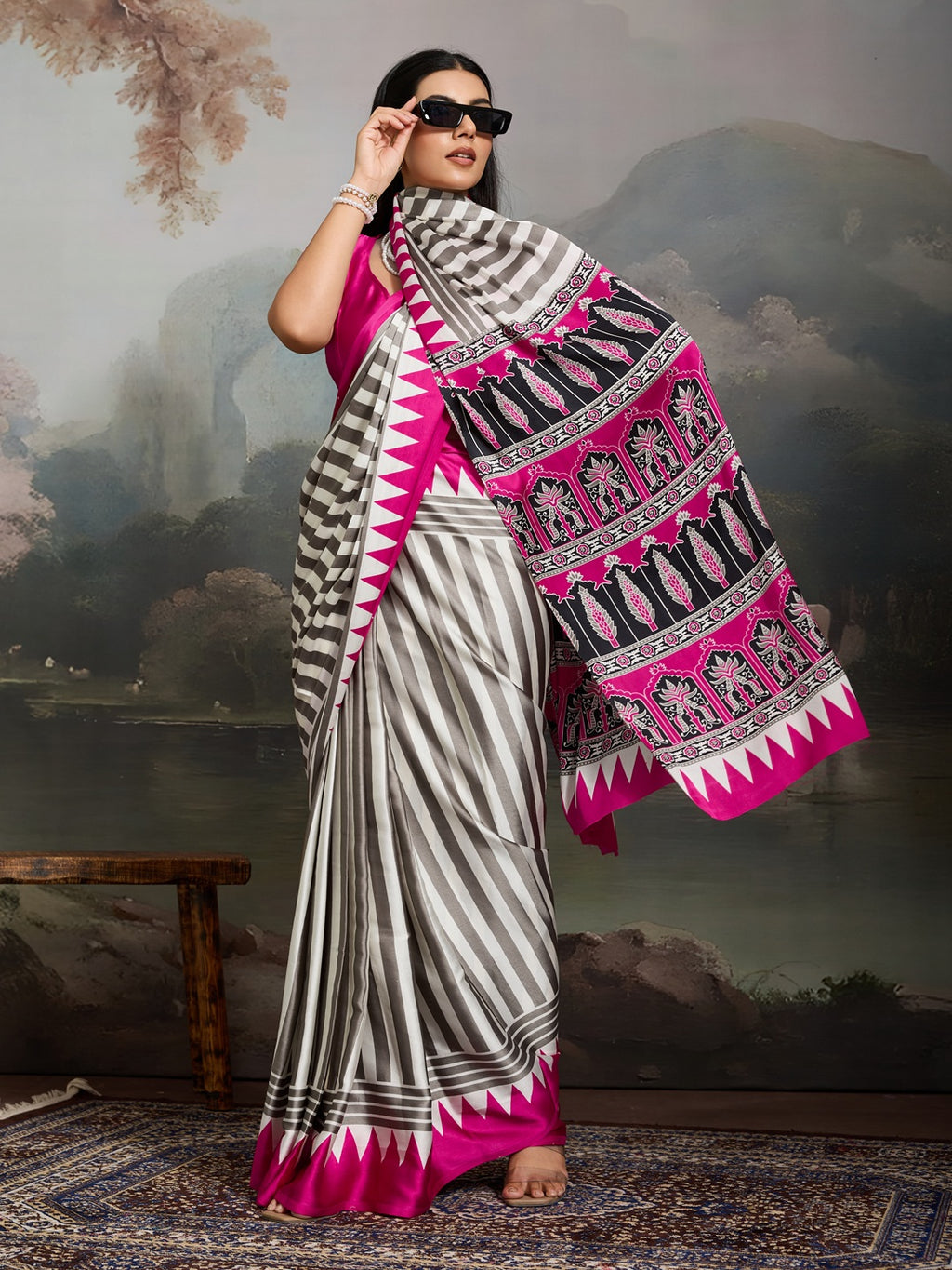 Women's Pink Ajrakh Printed Modal Satin Saree With Unstitched Blouse Piece