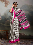 Women's Pink Ajrakh Printed Modal Satin Saree With Unstitched Blouse Piece