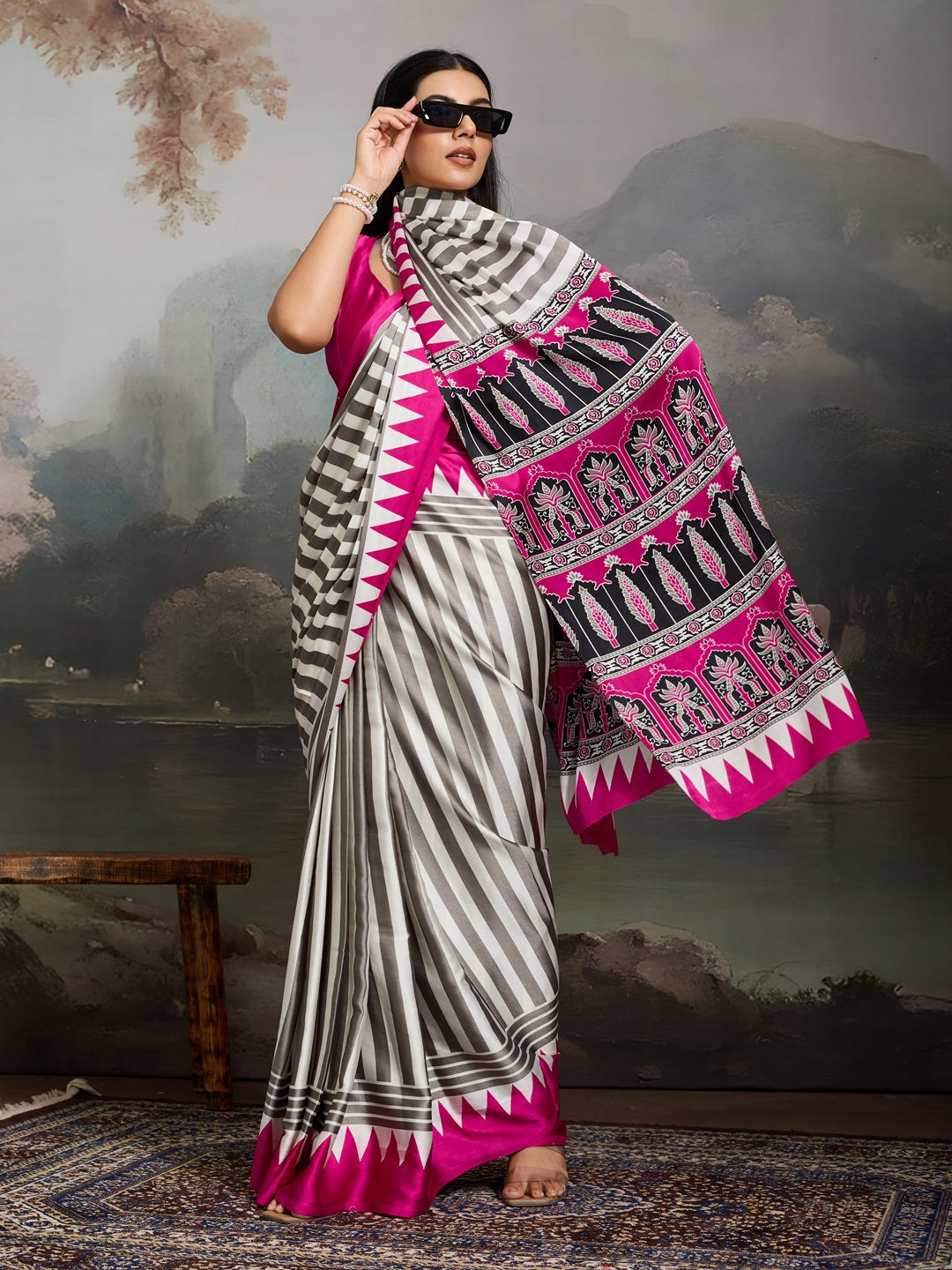 Women's Pink Ajrakh Printed Modal Satin Saree With Unstitched Blouse Piece