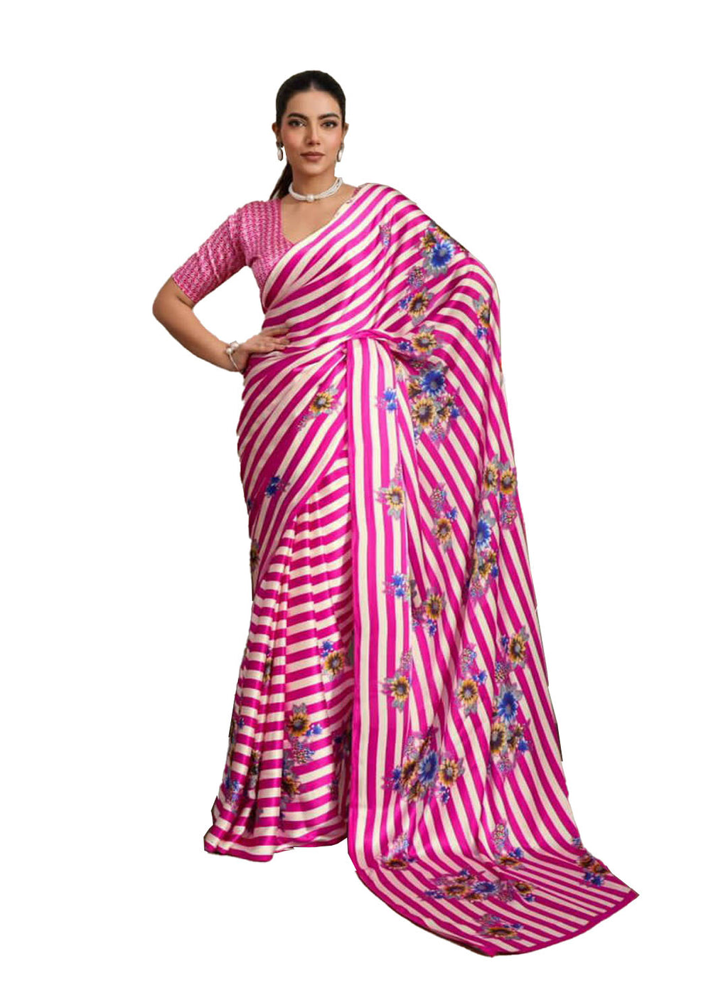 Women's Pink Floral Printed Satin Saree With Unstitched Blouse Piece