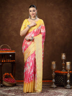 Women's Pink Floral Digital Print Supernet Saree