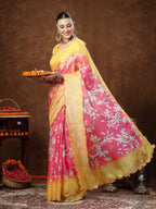 Women's Pink Floral Digital Print Supernet Saree