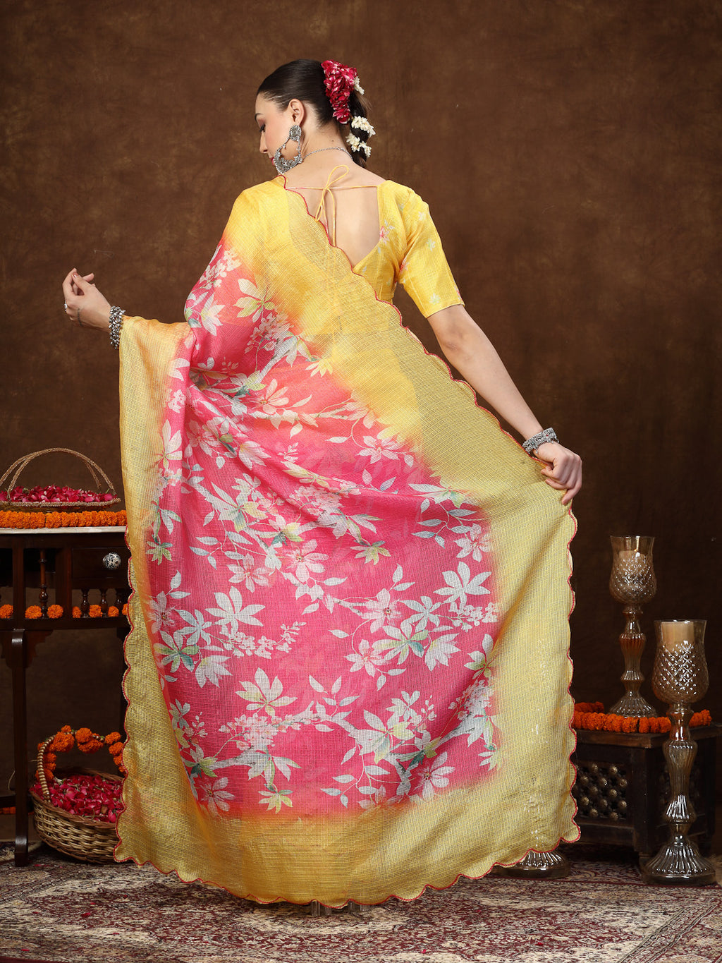 Women's Pink Floral Digital Print Supernet Saree