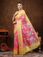 Women's Pink Floral Digital Print Supernet Saree