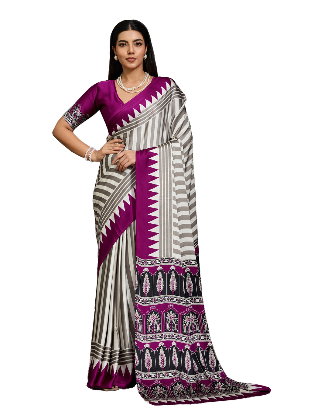Women's Purple Ajrakh Printed Modal Satin Saree With Unstitched Blouse Piece