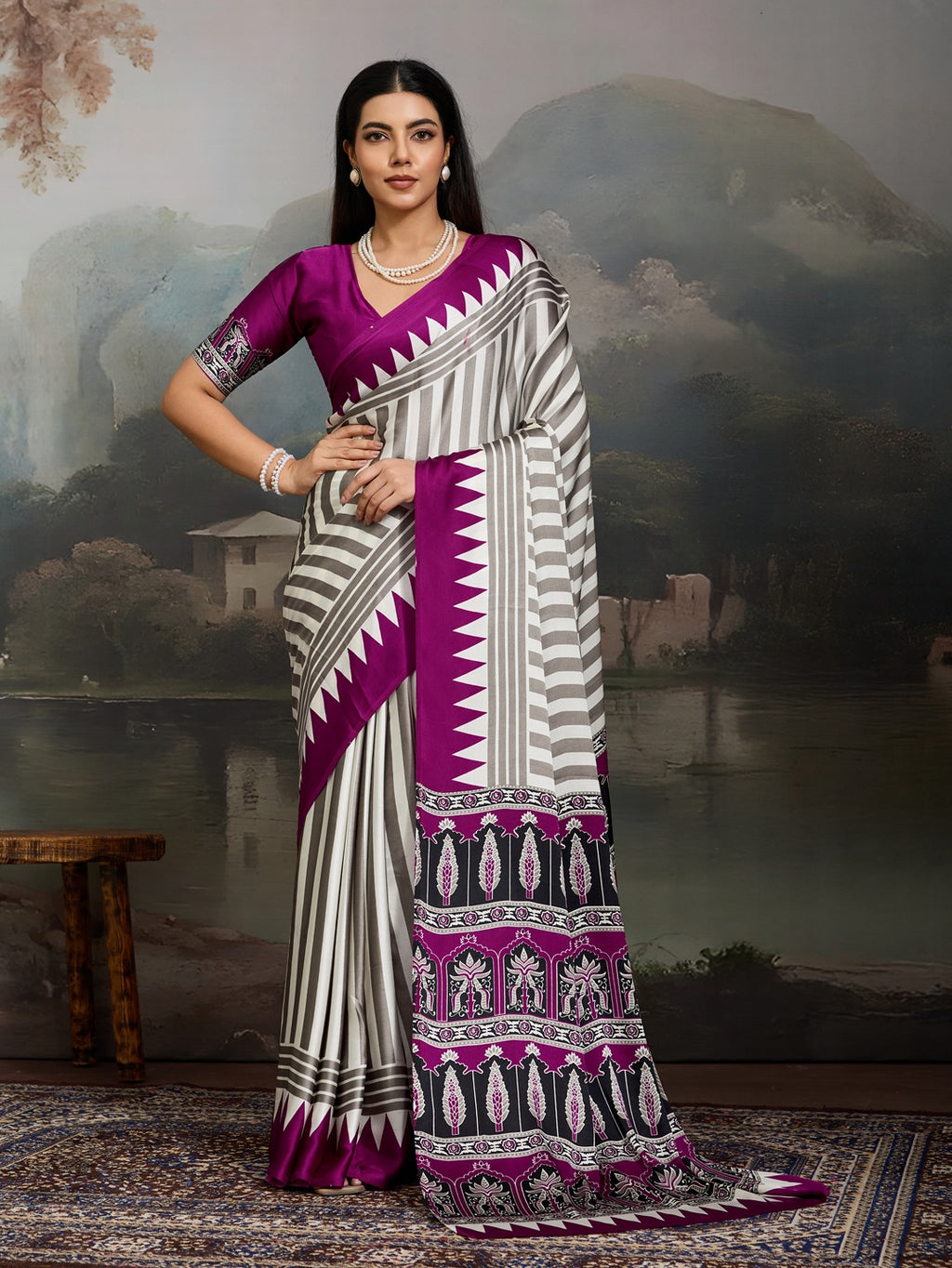 Women's Purple Ajrakh Printed Modal Satin Saree With Unstitched Blouse Piece