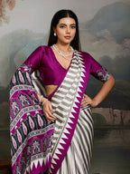 Women's Purple Ajrakh Printed Modal Satin Saree With Unstitched Blouse Piece