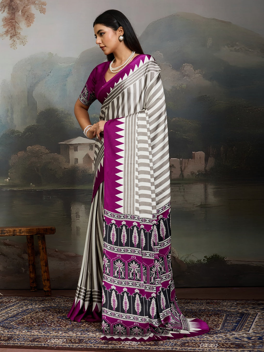 Women's Purple Ajrakh Printed Modal Satin Saree With Unstitched Blouse Piece