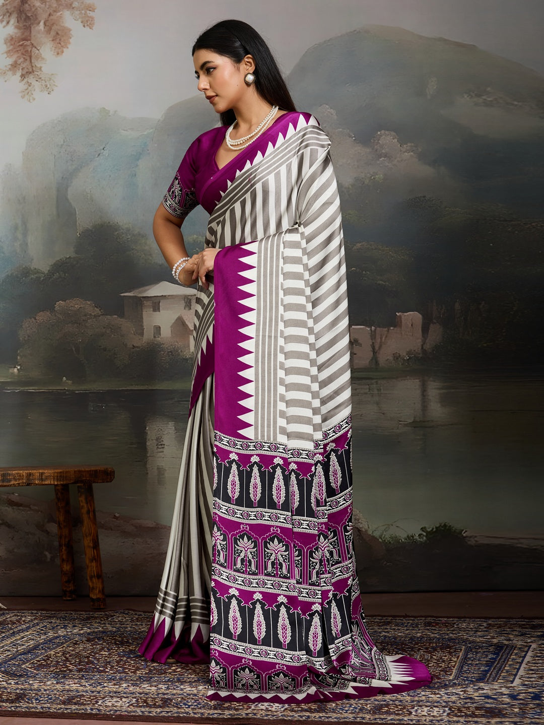 Women's Purple Ajrakh Printed Modal Satin Saree With Unstitched Blouse Piece
