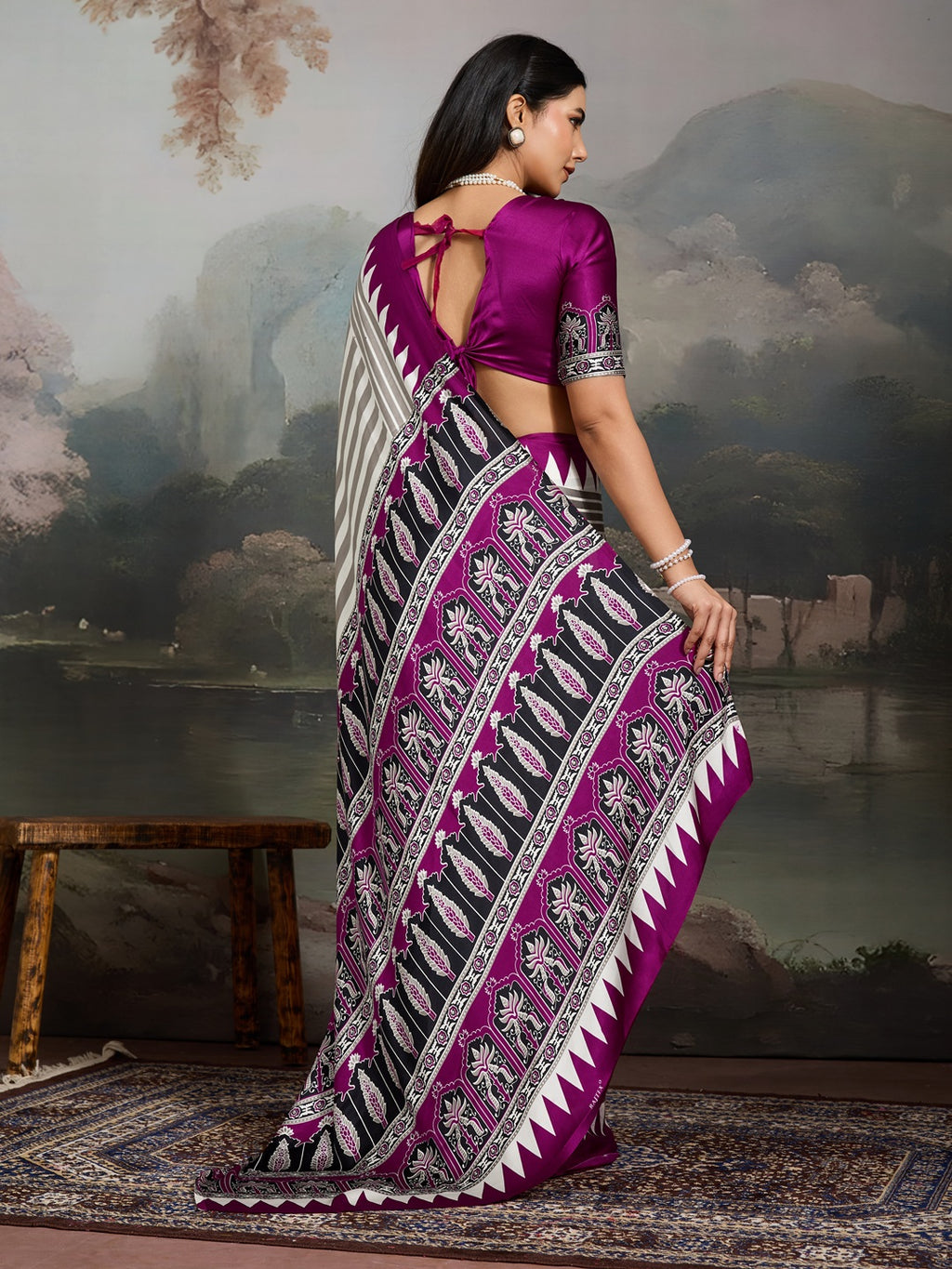 Women's Purple Ajrakh Printed Modal Satin Saree With Unstitched Blouse Piece