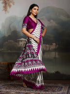 Women's Purple Ajrakh Printed Modal Satin Saree With Unstitched Blouse Piece