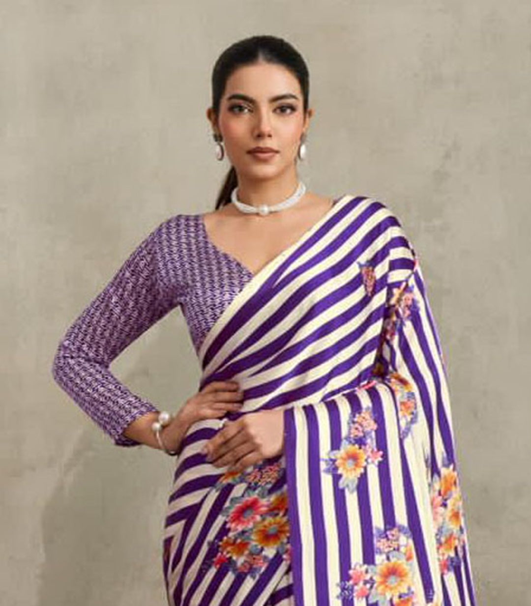 Women's Purple Floral Printed Satin Saree With Unstitched Blouse Piece