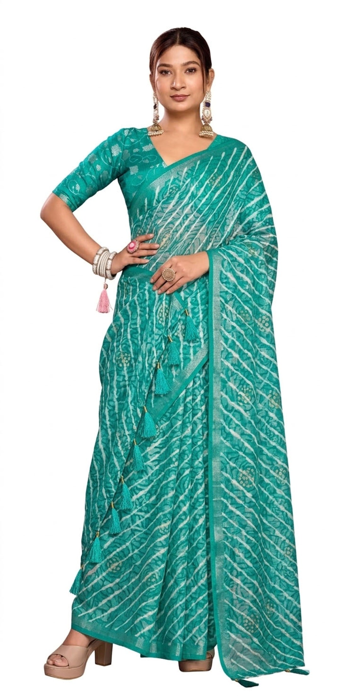Women's Rama Leheriya Printed Silk Blend Saree With Unstitched Blouse Piece