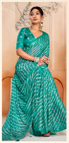 Women's Rama Leheriya Printed Silk Blend Saree With Unstitched Blouse Piece