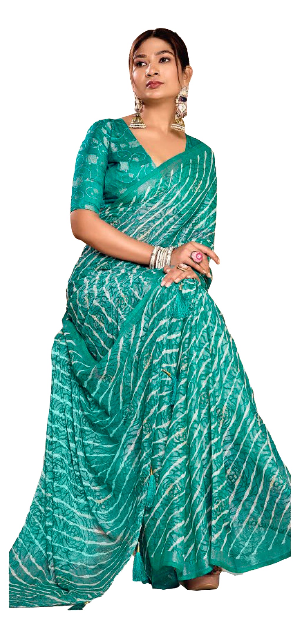 Women's Rama Leheriya Printed Silk Blend Saree With Unstitched Blouse Piece